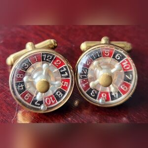 Rare Vintage 1950's Era Roulette Wheel Cufflinks, Gold Tone, Stamped Austria